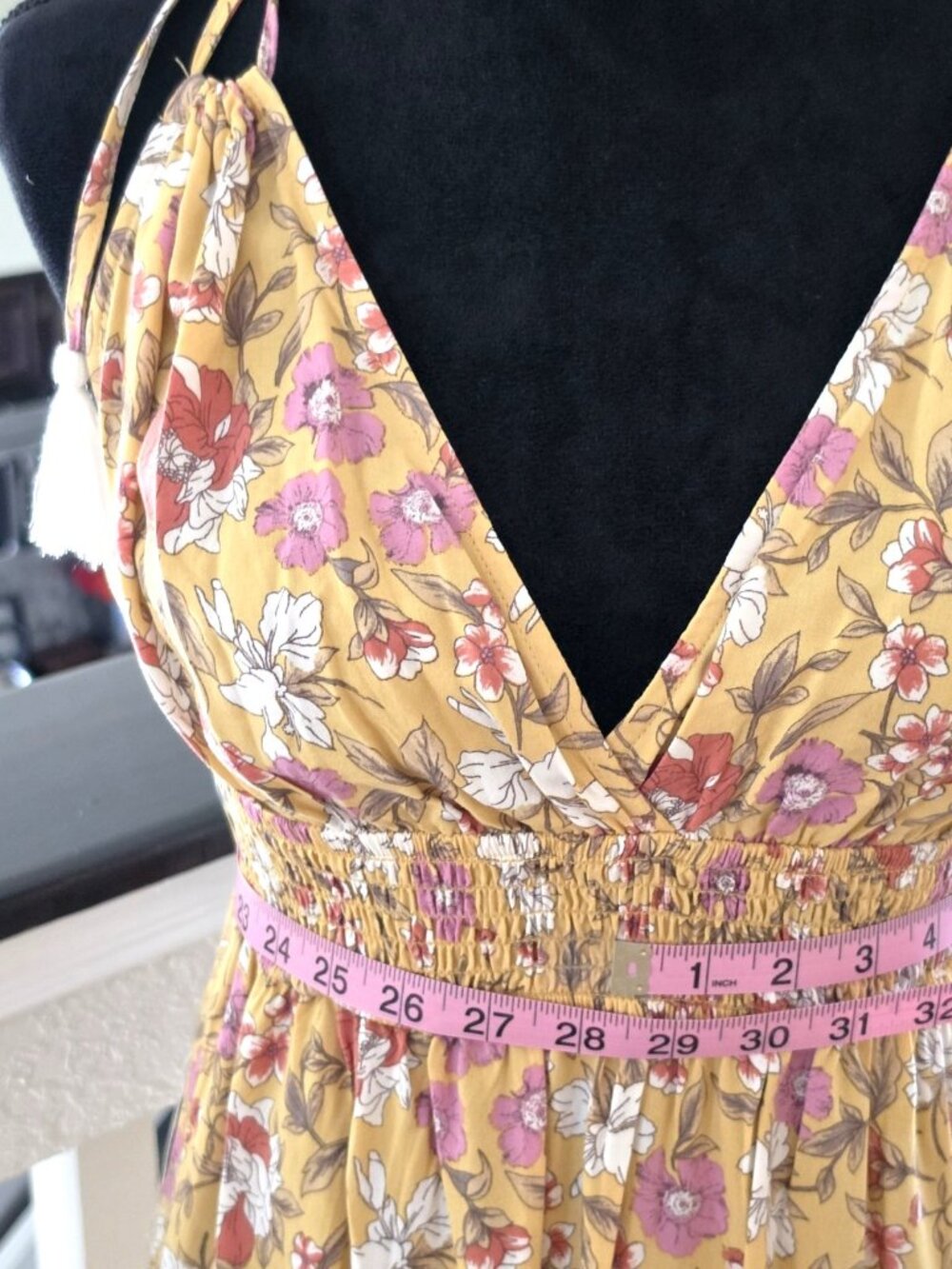 Inspired Hearts Yellow Floral V-Neck Tassel Tie Strappy Maxi Dress Womens L - Picture 6 of 10